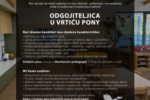 Dječji vrtić Pony raspisuje natječaj za odgojiteljicu