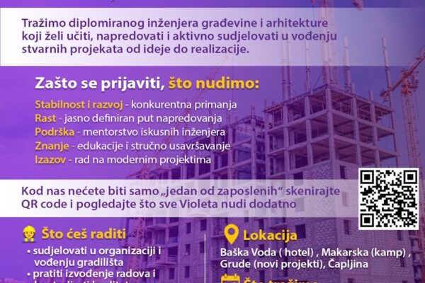 Violeta zapošljava: Traže se diplomirani inženjeri građevine i arhitekture za rad na projektima u BiH i Hrvatskoj