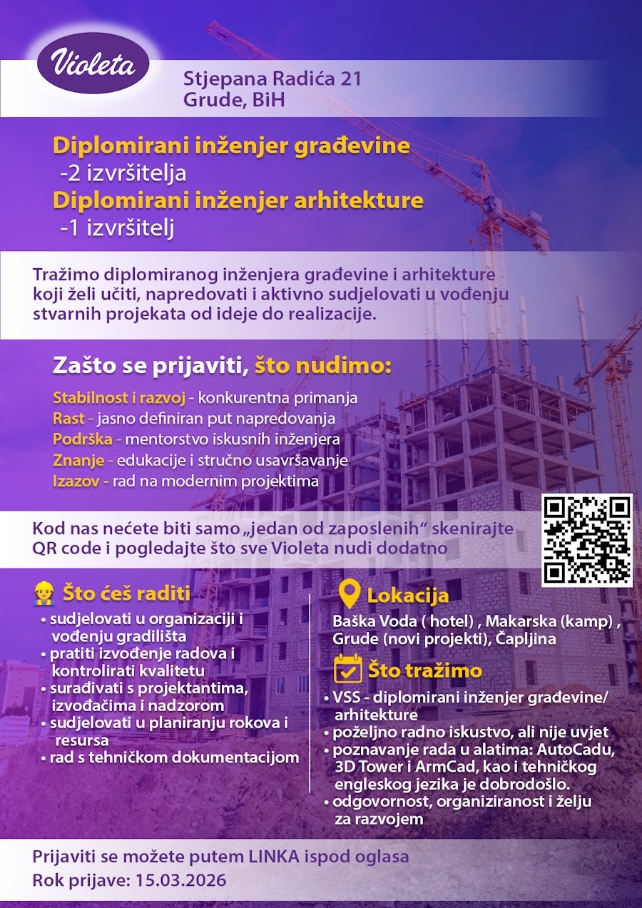 Violeta zapošljava: Traže se diplomirani inženjeri građevine i arhitekture za rad na projektima u BiH i Hrvatskoj